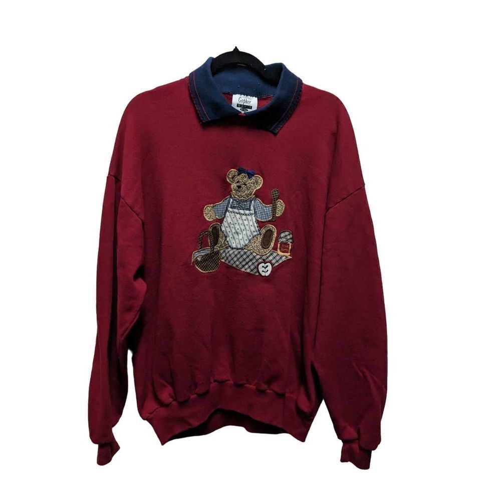 Gopher Women's Vintage 1990s Grannycore Red and Navy Blue With Embroidered Bear